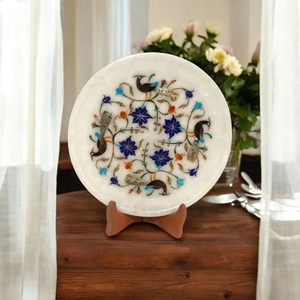 Assiettes en marbre incrusté faites à la main, pierre rouge naturelle avec motif floral pour la décoration de la maison, best-seller - Product Image 3