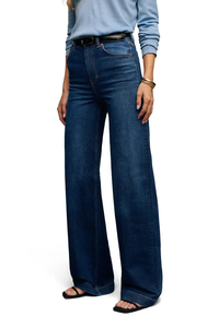 <b>Women</b> High Waisted Wide Leg <b>Dark</b> <b>Blue</b> Denim <b>Jeans</b> Regular Length All Seasons Pants With Pockets Woven Cotton - Product Image 3
