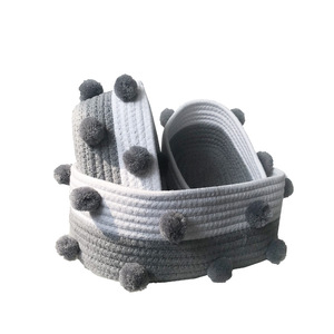 Cotton Rope Woven Storage <b>Basket</b> Rectangle Handmade Desktop Organizer Gray PomPom Decor - Product Image 5