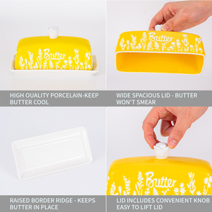 Nueva llegada: Mantequillera de cerámica con serigrafía de rosas, caja de mantequilla esmaltada en amarillo brillante para el hogar y restaurantes, para almacenar queso. - Product Image 6
