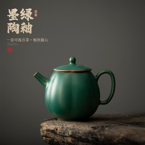 Théière en céramique rétro, glaçure vert foncé, avec filtre, ensemble à thé Gongfu, théière individuelle, forme ronde, poterie artisanale - Product Image 5