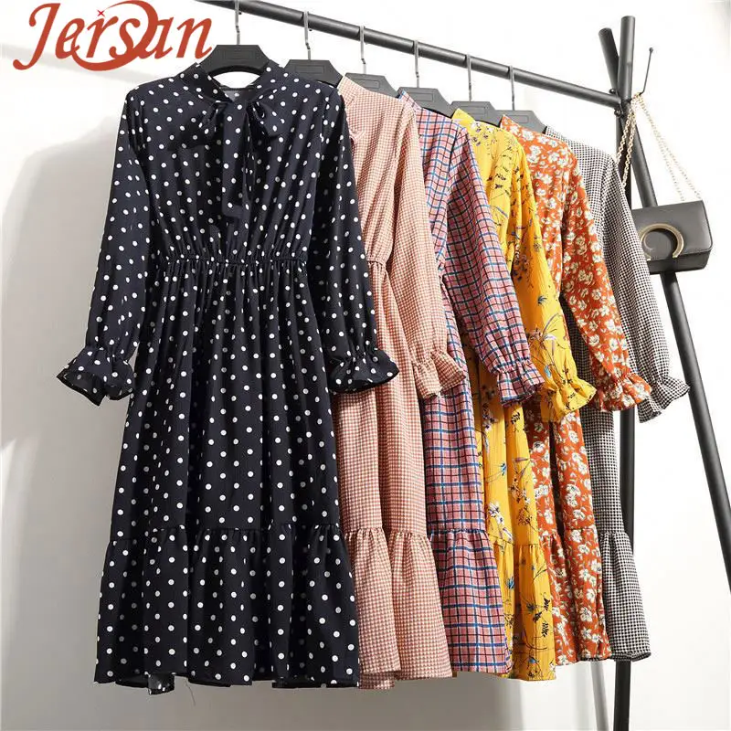 Jersan High Quality Women Casual Dress Lady Style Vintage Floral Printed Chiffon Shirt Dress Long Sleeve Bow Midi Dress Clothes