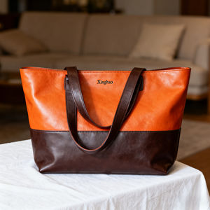 Venta al por mayor, espacioso, naranja + marrón oscuro, bolso de mano de cuero auténtico, personalizado de fábrica, de alta calidad, bolso de cuero para mujer con logotipo a la venta - Product Image 2