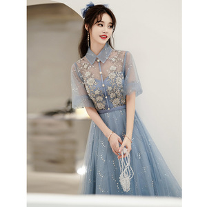 Blue A-Line Chiffon Evening Gown With Floral Embroidery Stand Neckline Natural Waist For Bridesmaid Graduation Events - Product Image 2