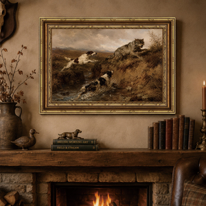 Pour salon de ferme, toile chien de chasse loup prairie, décoration murale rustique vintage encadrée or OEM ODM - Product Image 1