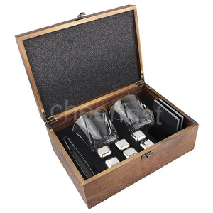 Custom 6pcs Cooling Stones Whiskey 304 Stainless Steel Reusable Chilling Ice Cube Stone Crystal Glasses Whiskey Glass Gift Set