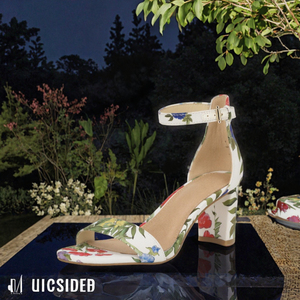 Sandalias de tacón de satén floral para mujer, con punta cuadrada, correa al tobillo, tacón de bloque, punta abierta, zapatos de vestir de verano - Product Image 3