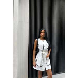 Custom White <b>Dress</b> with <b>Belt</b> Detail Square Collar and Pockets Elegant Casual Style Translucent Feature Free Size-XS to XL - Product Image 6