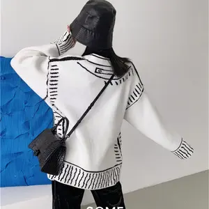 Recién llegado, suéter de punto para mujer, cárdigan, suéter con cuello en V de algodón barato blanco y negro para mujer