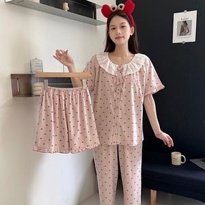 بيجامة نسائية من الدانتيل والقطن، طقم صيفي من ثلاث قطع، ملابس منزلية لطيفة على البشرة - Product Image 1