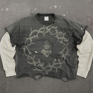 Camisetas Personalizadas Vintage de Manga Larga con Cuello Acanalado, Corte y Costura en Algodón Desgastado, Doble Capa, Estampado Serigrafiado, Estilo Y2K para Hombre - Product Image 3