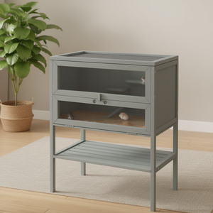 Grande cage à hamster en bois avec toit et porte avant ouvrables, étagère de rangement grise pour petits animaux, utilisation en intérieur - Product Image 2