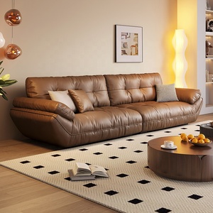 Sofá Italiano Minimalista Retro de Cuero Genuino, Juego de Sofás Grandes de Piel de Vacuno de Primera Capa para Sala de Estar Moderna y Sencilla - Product Image 1