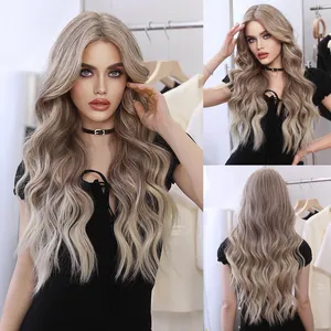 Ombre Platinum Blonde Lace Front Wig Long Wavy Synthetic Wig Middle Part Hair Wig For Women 28 Inch 13x4 HD Transparent Lace