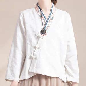 Chinese Style V Neck Embroidered Button Long Sleeve Cardigan Loose Hanfu Top For Women Spring Autumn Casual Wear Pink - Product Image 2