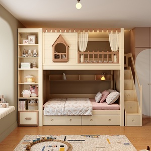 Lit superposé en bois massif JS Modern Kids House avec toboggan, armoire avec rangement et bibliothèque intégrée, tiroirs pour <span class=keywords><strong>chambre</strong></span> d'enfant - Product Image 6