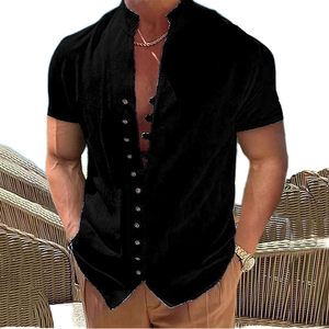 Camisa Casual de Verano para Hombre, Estilo Europeo Americano, con Botones, Cuello Camisero, Manga Corta, Transpirable, de Poliéster/Algodón, Color Sólido - Product Image 1