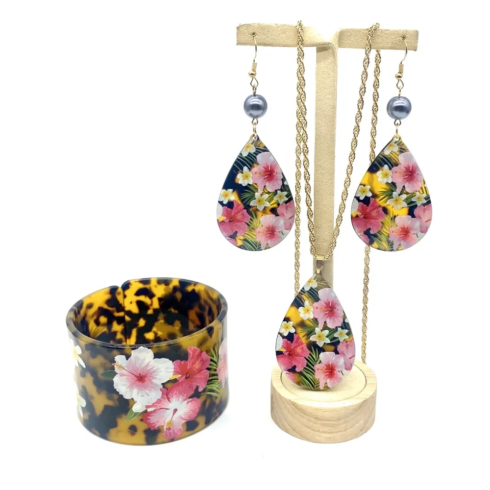 Conjunto de joias da moda com plumeria, conjunto de joias com pulseira de flores da moda, colar, brincos para ilhas da chupeta, conjunto de joias polinésia