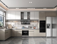 Set Kabinet Dapur Modern Modular Bentuk L Warna Putih Custom Gratis dengan Wastafel Batu Sinter dan Meja Makan Pulau Dapur Buatan Cina