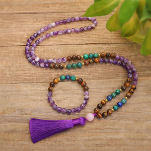 Collana Mala con 108 perle, occhio <span class=keywords><strong>di</strong></span> tigre, crisocolla, ametista, per la <span class=keywords><strong>guarigione</strong></span>, la calma e la meditazione, set <span class=keywords><strong>di</strong></span> gioielli regalo. - Product Image 1
