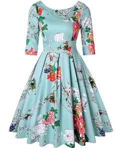 Robe décontractée pour femmes, style rétro vintage, imprimé floral, manches courtes, col bateau, robe évasée - Product Image 4