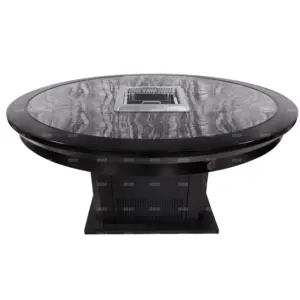 Mysterious 3D Laser Black Glass Table Top Nature Edge Wood Restaurant Round Dining Tables Hotpot