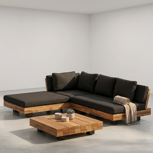 Modern Waterproof Eco-Friendly Outdoor <b>Corner</b> Sofa <b>Set</b> with Solid Teak Wood Frame Low Square Coffee Table for Park & Villa - Product Image 1