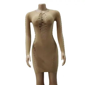 OEM女性色情裸色性感渔网新设计连衣裙紧身内衣