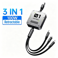 Câble de données USB Type C rétractable télescopique 3 en 1 100W 3A à charge rapide pour téléphone portable, ordinateur et batterie externe