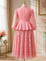 Set Rok Maxi Ukuran Besar ATP060665 Kerah Tegak Lengan Lentera Atasan Ruffle Bunga 3D + Rok Maxi Renda Set Pakaian Wanita 2 Potong