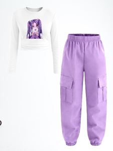 Novidades de Primavera 2026, Conjuntos de Roupas para Meninas Adolescentes, Camiseta de Manga Longa Estampada e Calças Cargo, Conjunto de Roupas para Crianças em 2 Peças - Product Image 2