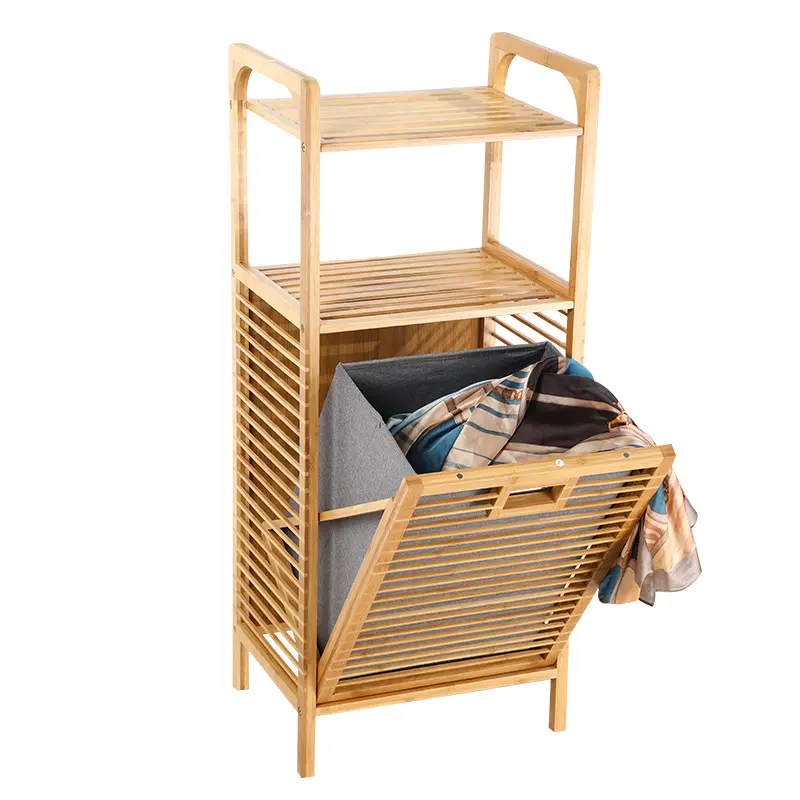Almacenamiento de ropa de bambú grande Bolsa de lavandería azul de tres capas con tapa Estante de almacenamiento Almacenamiento con asas Cesta de lavandería