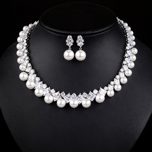 Conjunto de Joyería RAKOL SP024 AAA Clubic con Collar y Aretes de Circonita, Diamantes y Perlas para Boda - Product Image 1