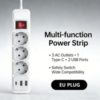 Soket Ekstensi 2 Pin Gaya Eropa Tembaga 250V 16A Fungsi Proteksi Lonjakan Daya 2 Port USB-A 1 Port Tipe-C Tahan Gangguan 5m