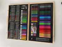 Ensemble d'art pour enfants de 220 pièces, boîte en bois, crayons, pastels à l'huile, crayons de couleur, marqueurs, kit de dessin, cadeau
