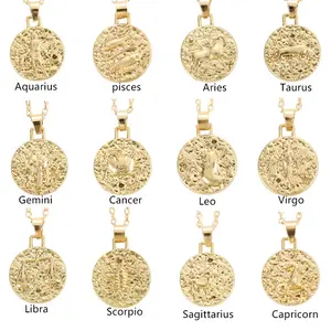 New Hot Selling Embossed Gold Round Pendant Necklace Zodiac Coin Necklace Jewelry