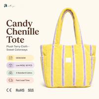 Sac fourre-tout en tissu éponge à carreaux pour femme, sac à main rayé rose, vert et crème avec poches et fermeture à bouton-pression, sac à main