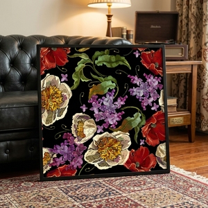 ヴィンテージ刺繍スタイルの花柄キャンバスウォールアート黒背景ケシライラックの花の絵画家の装飾リビングルームオフィス - Product Image 1