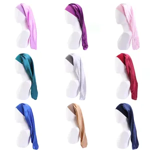 Long Tail Soft Satin Silky Custom Logo Bonnet Night Sleep Long Hair Silk Cap headwrap Large Elastic Band Sleeping Hat for Women