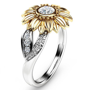 Anillo de girasol bicolor con diamantes para mujer, oro blanco con diamantes de talla brillante redonda, joyería para uso diario - Product Image 1