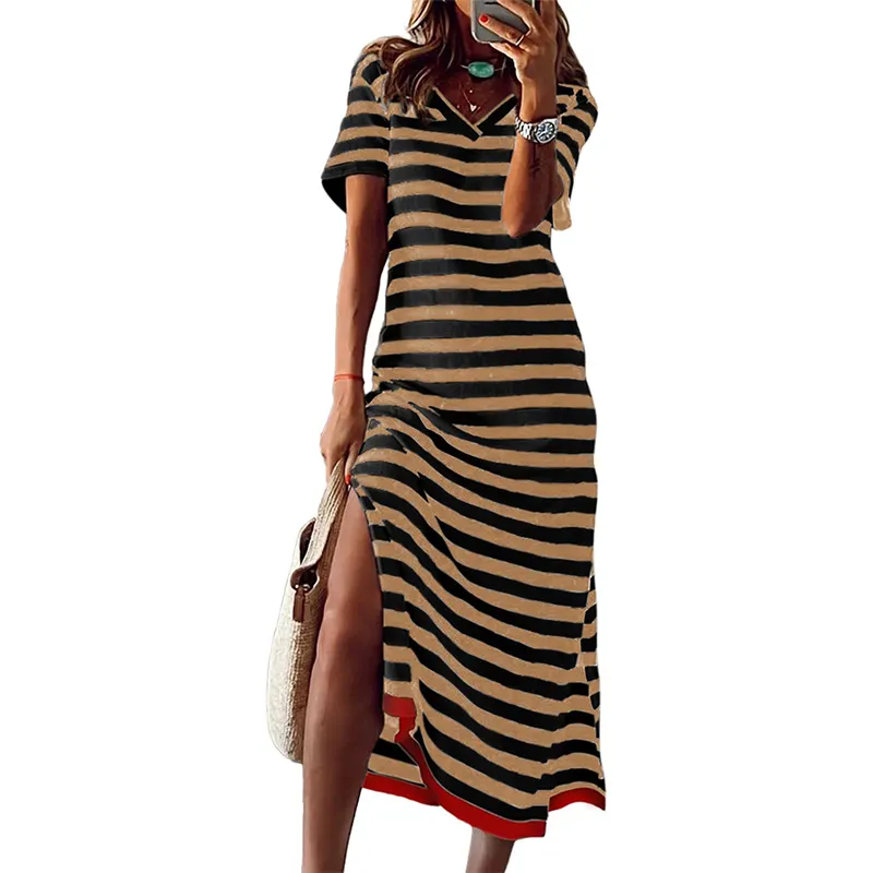 Casual Women's Summer Maxi Dress Short Sleeve T Shirt Dress with Striped Long Color Block Sustainable Fashion