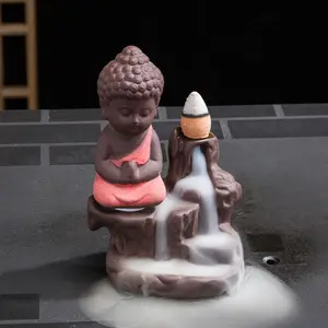 Toptan Buda heykeli seramik-Yoga Mini seramik tütsü brülör bobin pirinç taşınabilir tütsü brülör küçük keşiş buda brülör seramik buda şelale tütsü