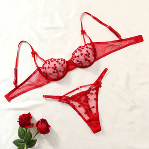 2026 Lencerí<span class=keywords><strong>a</strong></span> de cintura baja, sexy, roja, transpirable, ecológica y cómoda, con sujetador de encaje de malla, bordado de amor y lazo, estilo bikini llamativo - Product Image 2