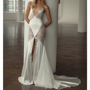 Robe longue de soirée élégante et sexy en satin et dentelle, sans manches, dos nu, pour fêtes formelles, OEM ODM, haute qualité - Product Image 1