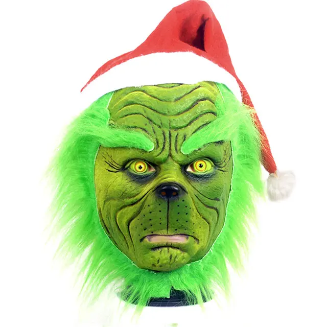 Green Man Cosplay Plüsch maske Halloween Weihnachts maske mit Red Hat Helm Voll gesicht Latex Kostüm Requisiten für Party Dress up