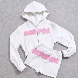 Women's Tracksuit Embroidery Custom Oversized Women 2 Piece Outfits Plain Sweatshirt Shorts Pants Fleece Short Set For Woman