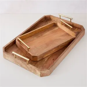 Decorative Tray For Ottomans Wooden Wedding Serving Tray With Polished Gold Metal Handles
