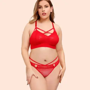 JUNXI-Conjunto de lencería Sexy para mujer, conjunto de sujetador y bragas transparentes de encaje para chicas gruesas