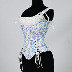 Corset court à lacets pour femme, style français, motif floral bleu, bustier amincissant - Product Image 4