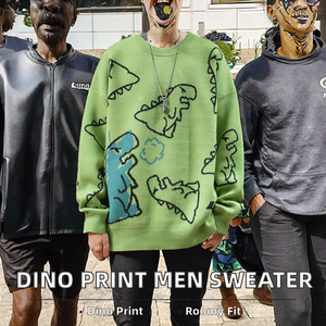 Green Dinosaur Print Knitted <b>Pullover</b> Sweater <b>Men's</b> Cartoon Embroidery Long Sleeve Regular Fit Autumn Casual Style - Product Image 3